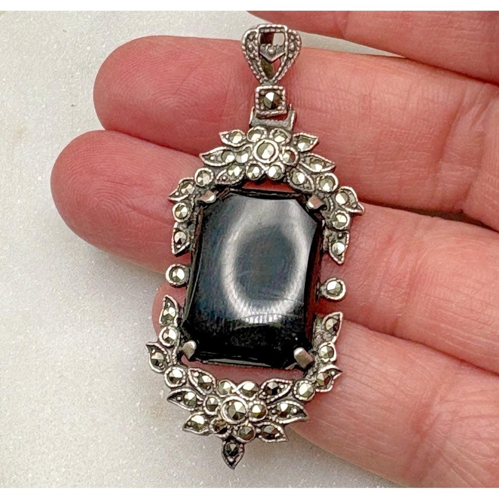 Vintage Sterling Silver Onyx Pendant Floral Victorian Revival Romance 925